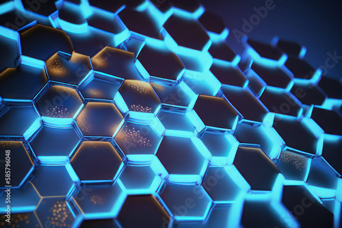 Abstract background, blue neon honeycombs. AI generative.