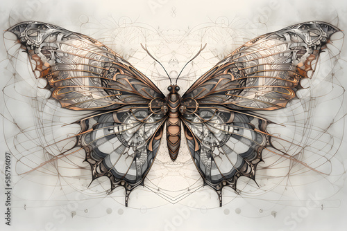 Antique diagram of a butterfly with metallic frame of silver. Steampunk anatomical engineering illustration. Generative AI.