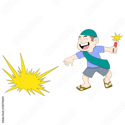 boy is celebrating Ramadan night playing firecrackers