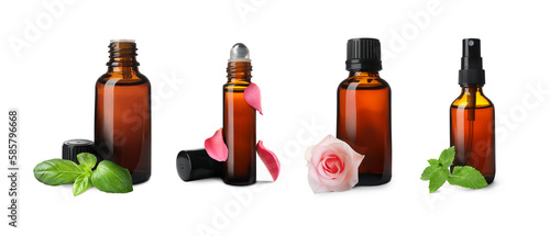 Set of different essential oils in bottles and ingredients on white background