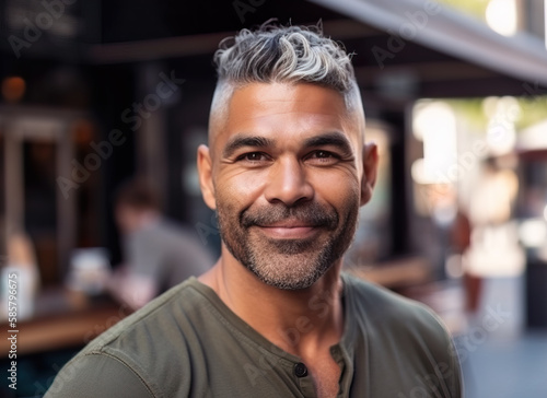 Man standing outside with a cafe background. Generative AI.