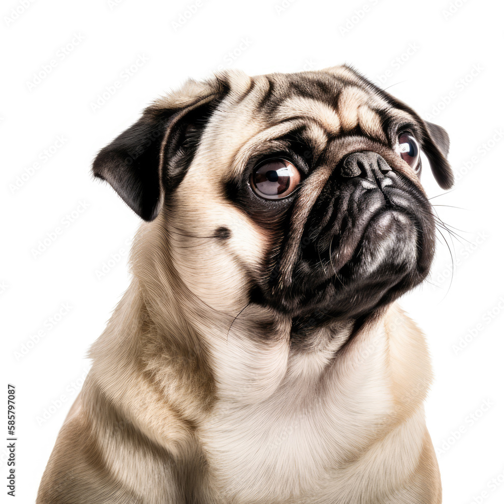 close up of a pug offended unhappy sad studio photography on white solid background
