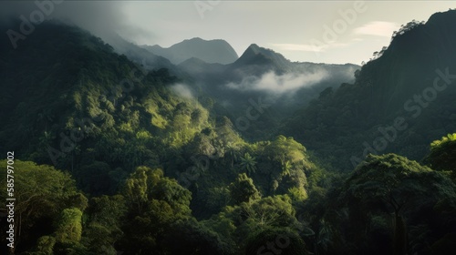 An intriguing tropical forest landscape, featuring volcanic elements and rich greenery, created by AI.