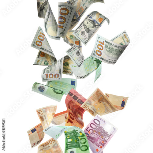 Money exchange. Many dollars and euro banknotes falling on white background