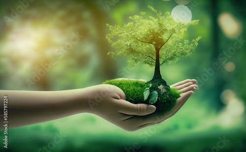 Eco earth day concept. hand holding young plant in the sunshine and green nature background - AI Generative	 photo
