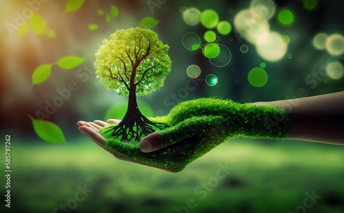 Eco earth day concept. hand holding young plant in the sunshine and green nature background - AI Generative	 photo