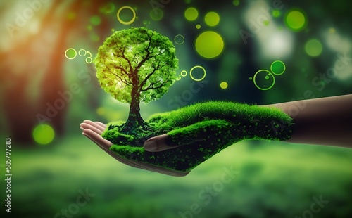 Eco earth day concept. hand holding young plant in the sunshine and green nature background - AI Generative	