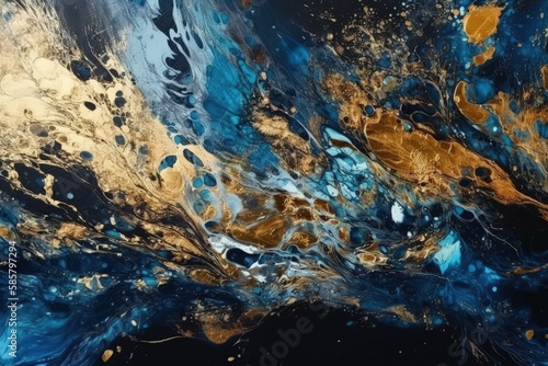an abstract painting with a dynamic combination of gold and blue colors. Generative AI