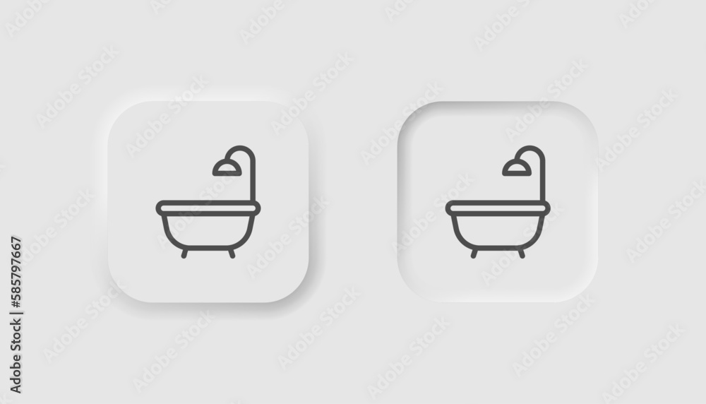 Bath icon in neumorphism style. Icons for business, white UI, UX. Shower symbol. Bathroom, soap, hygiene, tub, hotel. Neumorphic style. Vector illustration. Bath icon in neumorphism style. Icons for business, white UI, UX. Shower symbol. Bathroom, soap, hygiene, tub, hotel. Neumorphic style. Vector illustration.