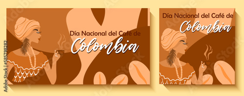 National Coffee Day in Colombia banner. Afro-Colombian woman holding a cup of coffee in her hand. National Colombian clothes. Inscription in Spanish: National Coffee Day in Colombia.