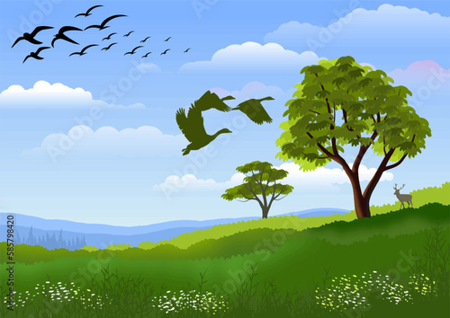 Landscape illustration of flying bird  tree and grass hills on sky blue background