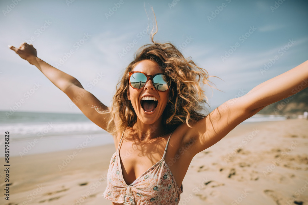 Happy Beautiful young woman with arms  up in the air on the beach , Generative AI illustration - obrazy, fototapety, plakaty 