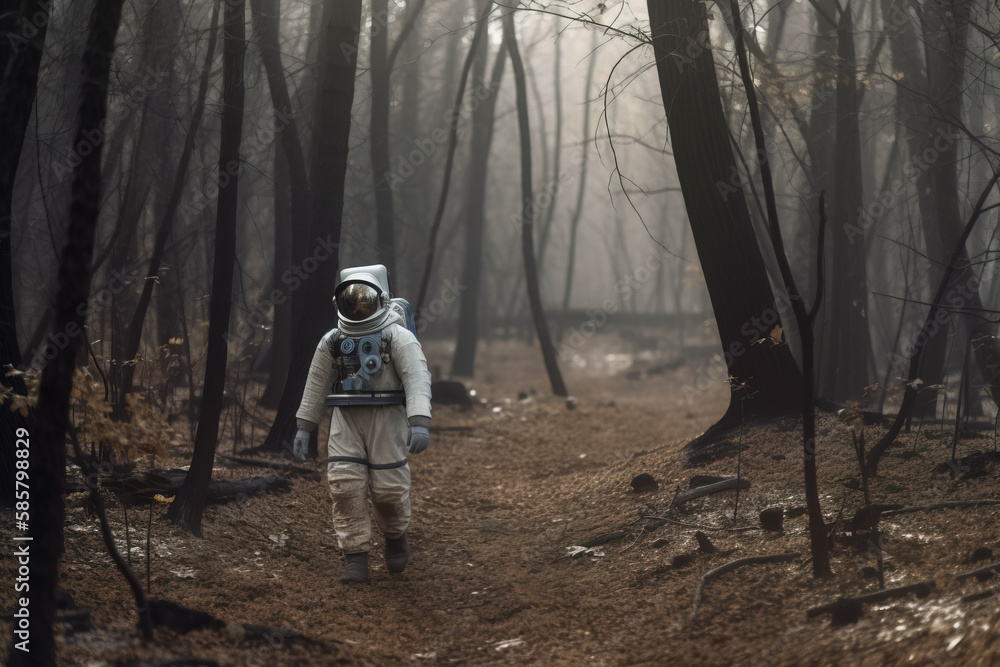 Surreal image of Astronaut walking in the woods, Generative AI illustration Surreal image of Astronaut walking in the woods, Generative AI illustration