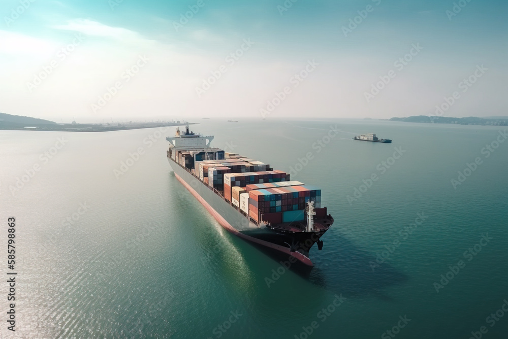 Aerial view of cargo ship  sailing at sea, Generative AI illustration