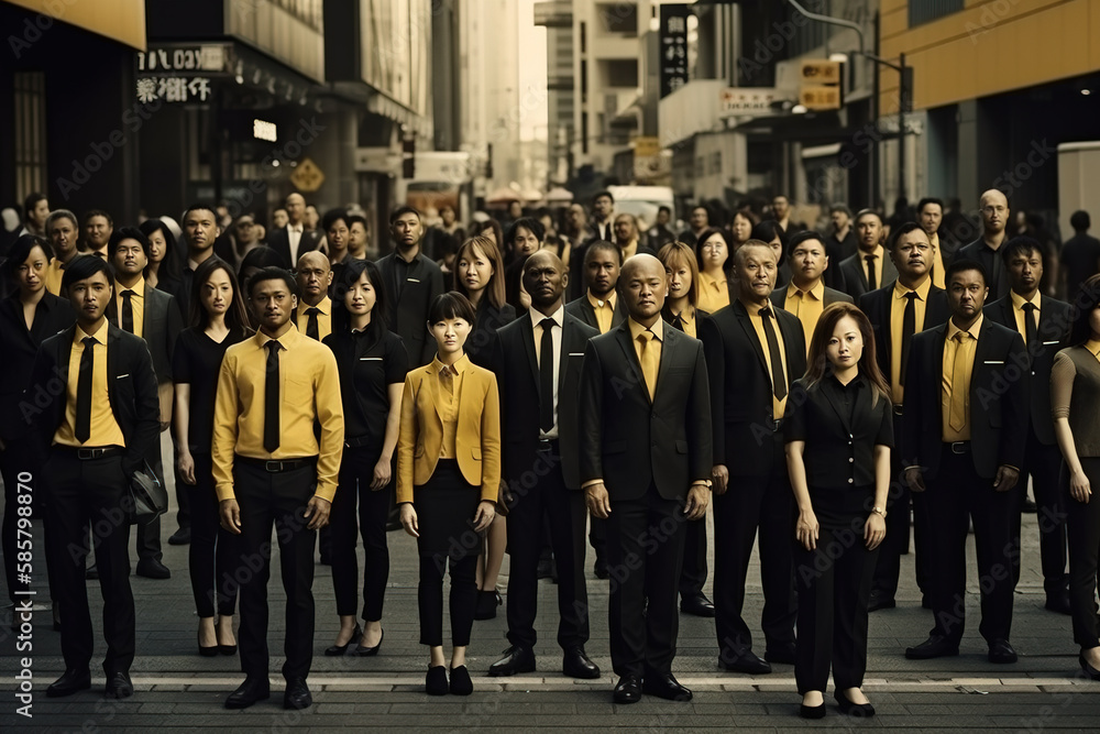 Large group of businesspeople in black and yellow office attire, Generative AI illustration