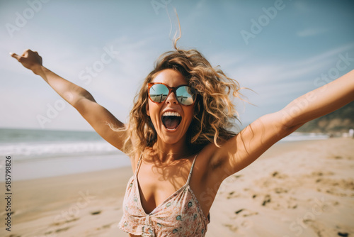 Happy Beautiful young woman with arms  up in the air on the beach , Generative A Fototapet