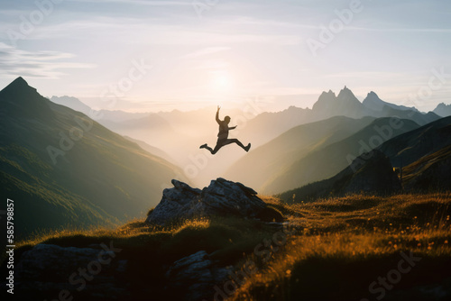 Excited man jumping up in the air in beautiful mountain scenery at sunset, Generative AI illustration