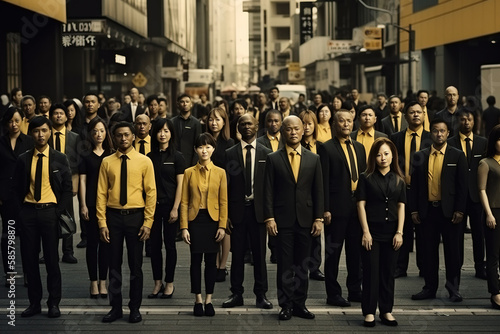 Large group of businesspeople in black and yellow office attire, Generative AI illustration