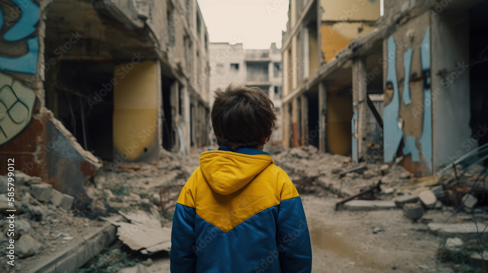 Child from Ukraine looking at the destruction in his city. Generative AI illustration