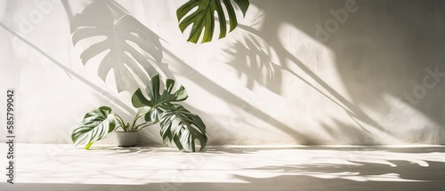 tropical leaf shadow, sunlight on cream white concrete texture wall, Generative AI 