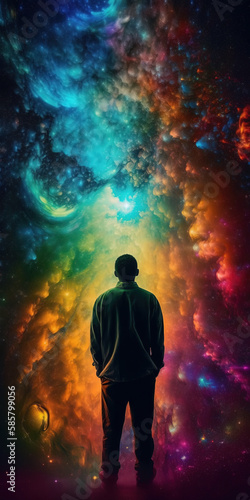 Silhouette of a man looking at the colorful universe, Generative AI illustration © IBEX.Media