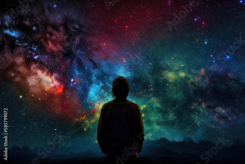 Silhouette of a man looking at the colorful universe, Generative AI illustration