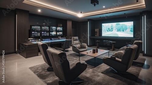 Contemporary game room with a large flat-screen TV and modern gaming chairs. generative ai