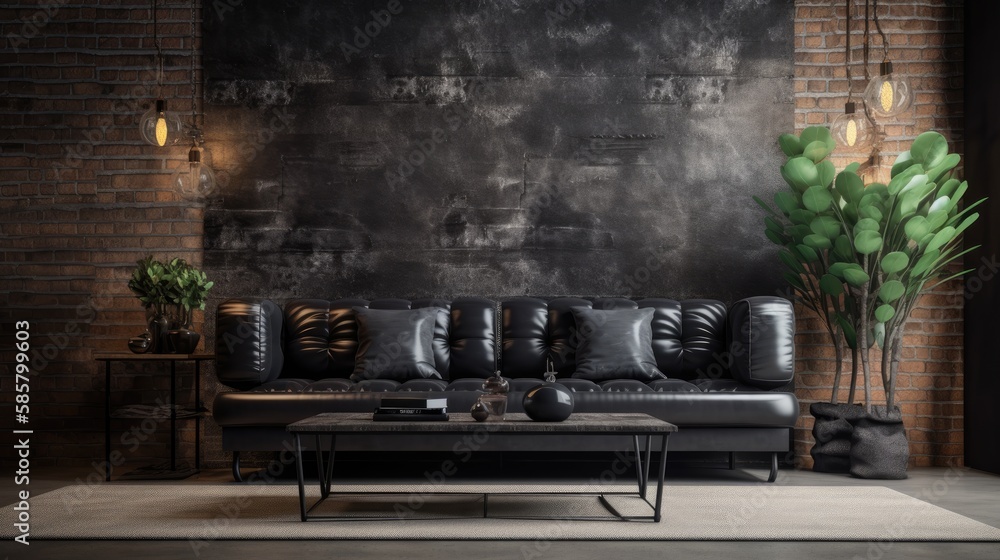 Minimal Industrial living room with black leather sofa, metal accents and raw brick wall background. The mood is edgy and modern. generative ai Minimal Industrial living room with black leather sofa, metal accents and raw brick wall background. The mood is edgy and modern. generative ai