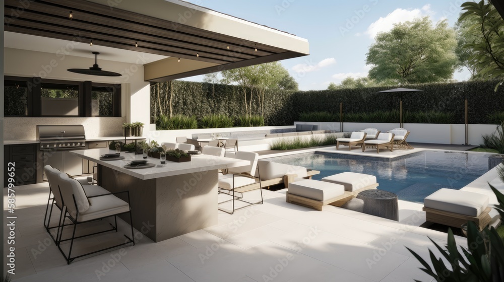 Stylish outdoor living space with a modern outdoor kitchen, comfortable seating, and a large pool, generative ai