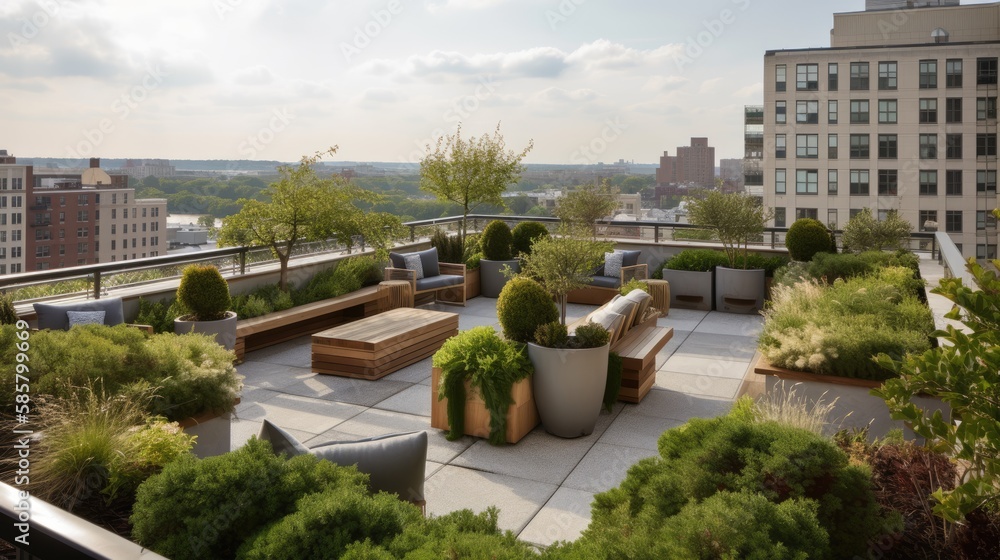 Urban rooftop garden with lush greenery, seating areas, and city views ...