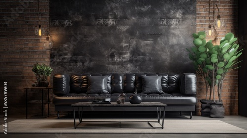 Minimal Industrial living room with black leather sofa, metal accents and raw brick wall background. The mood is edgy and modern. generative ai