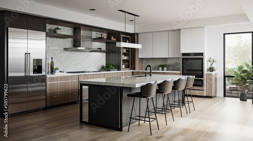 Minimal Stylish kitchen with a large island, sleek stainless steel appliances, and a variety of modern accents. generative ai © Creative Station