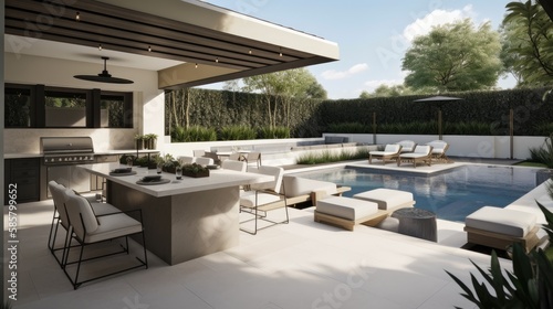 Stylish outdoor living space with a modern outdoor kitchen, comfortable seating, and a large pool, generative ai © Creative Station