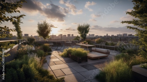 Urban rooftop garden with lush greenery  seating areas  and city views. generative ai
