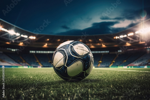 Modern soccer ball lying on green grass on stadium at night. Generative AI photo
