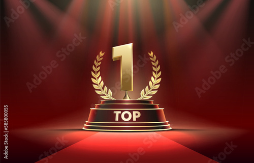 Top 1 best podium award sign, golden object. Vector illustration