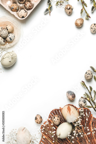 Happy easter flat lay composition with eco friendly easter eggs decor on white background. Layout design for invitation, card, flyer, banner, poster. Easter card, Easter eco organic banner
