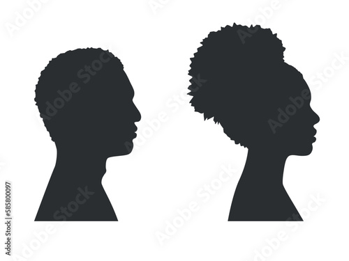 Silhouettes of man and woman with a curly hairs. Outlines of people in profile. Vector illustration