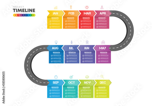 Road map infographic 12 steps timeline concept. Winding road. Vector illustration.