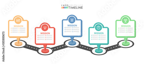 Road map infographic 5 steps timeline concept. Winding road. Vector illustration.