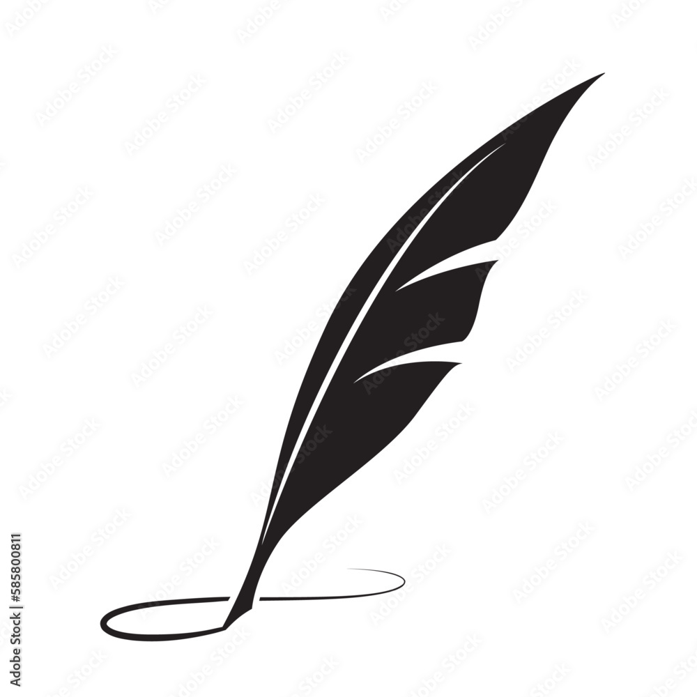 quill silhouette writing curves, black feather pen on a white background. - obrazy, fototapety, plakaty 