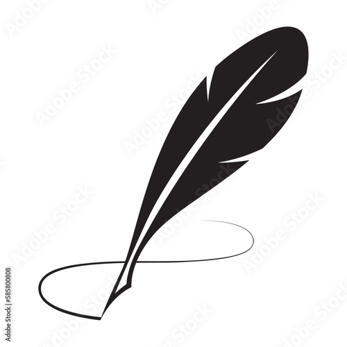quill silhouette writing curves, black feather pen on a white background.
