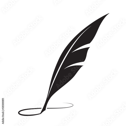quill silhouette writing curves, black feather pen on a white background.