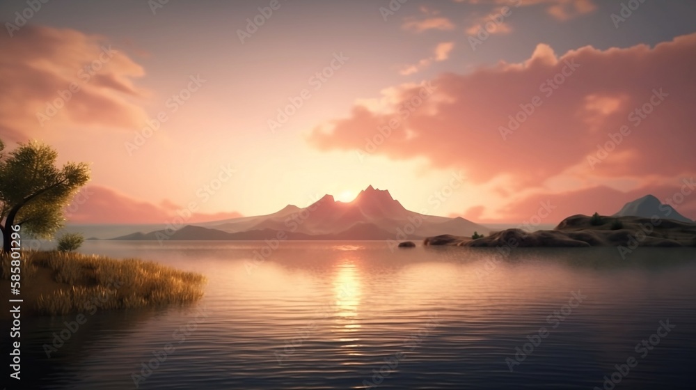 Mountains landscape with island at sunset. Created using generative AI