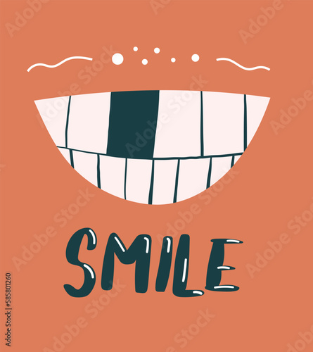 Cute banner of smile with one tooth lost and slogan smile. photo