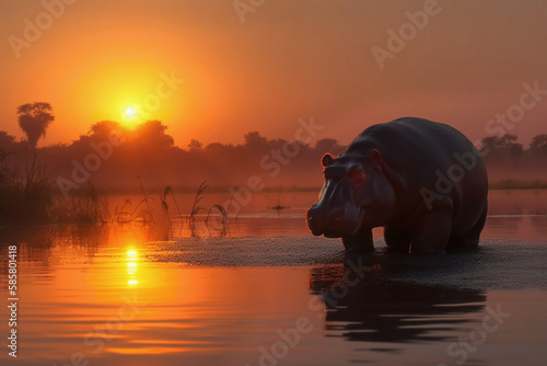 hippopotamus at sunset - generative AI