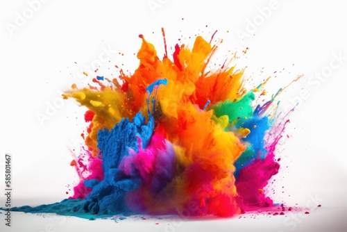 Colourful paint splashes  Coloured powder explosion. Paint Holi  Mix rainbow splash on isolated white background - Generative AI Illustration
