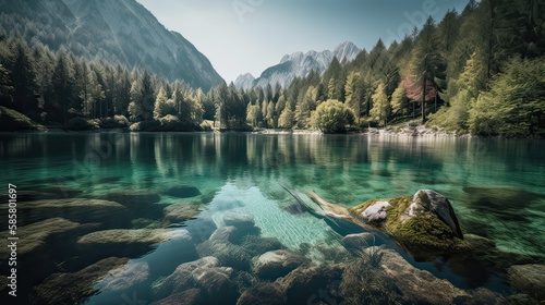 Fantastic mountain lake in Triglav national park. Located in the Bohinj Valley of the Julian Alps. Dramatic unusual scene. Slovenia  Europe. Beauty world.