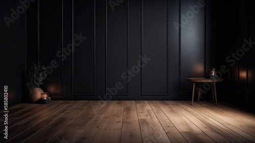 Fototapeta Naklejka Na Ścianę i Meble -  Classic black empty interior with wall panels, moldings and wooden floor. Generative Ai.