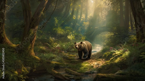 bear walking alone on the grass field. Bear walking through the forest. Generative Ai. © Kowit